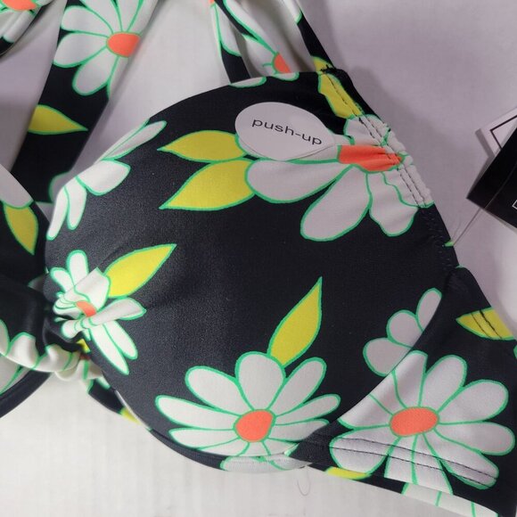 Salt + Cove Black Floral Daisy Push-Up Bikini Top With Tie Straps Size S - Picture 2 of 4